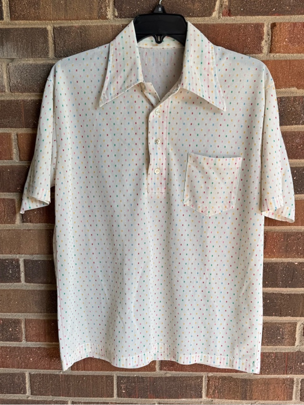 Vintage Men's White Short-Sleeve Polo with Multicolor Dot Print - no tag